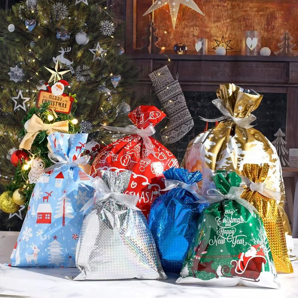 ๐Xmas Drawstring Bags Set (L/S) - Santa/Snowflake, Durable for Gifts/Treats/Decor