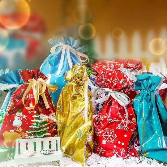 ๐Xmas Drawstring Bags Set (L/S) - Santa/Snowflake, Durable for Gifts/Treats/Decor